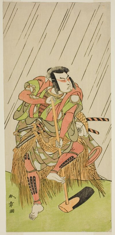 De acteur Onoe Matsusuke I als Nakaomi Katsumi vermomd als de boer Datta no Nizo, in het stuk Shitenno-ji Nobori Kuyo, opgevoerd in het Ichimura Theater in de achtste maand, 1773 door Katsukawa Shunsho