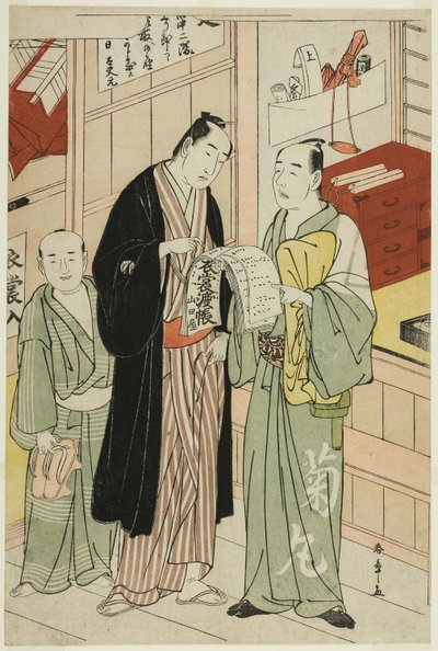 De acteur Onoe Matsusuke I in de kleedkamer van een theater door Katsukawa Shunsho