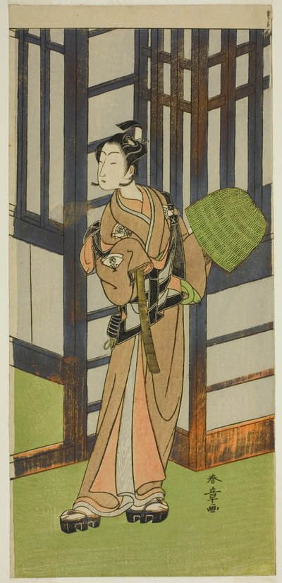 De acteur Onoe Tamizo I als Kewaizaka no Shosho vermomd als een Komuso in het stuk Furisode Kisaragi Soga, uitgevoerd in het Ichimura Theater in de tweede maand, 1772 door Katsukawa Shunsho