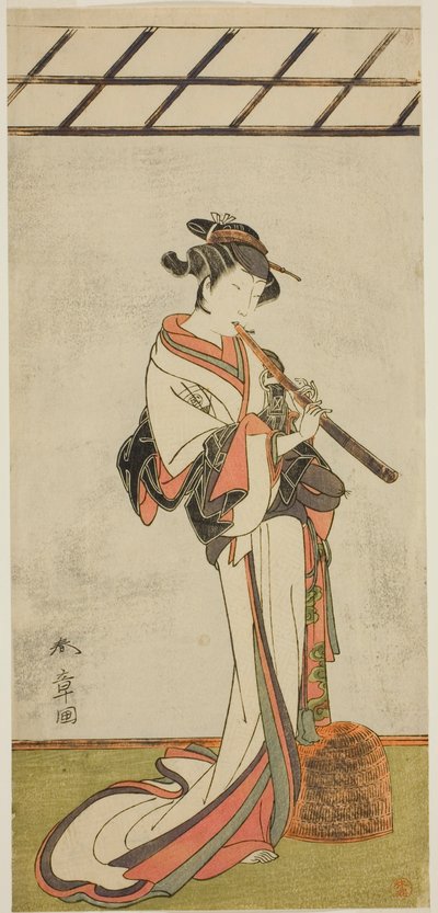De acteur Onoe Tamizo I als Oiso no Tora of Kewaizaka no Shosho, vermomd als een vrouwelijke Komusu (?), in het stuk Yui Kanoko Date-zome Soga (?), uitgevoerd in het Ichimura Theater (?) in de eerste maand, 1774 (?) door Katsukawa Shunsho