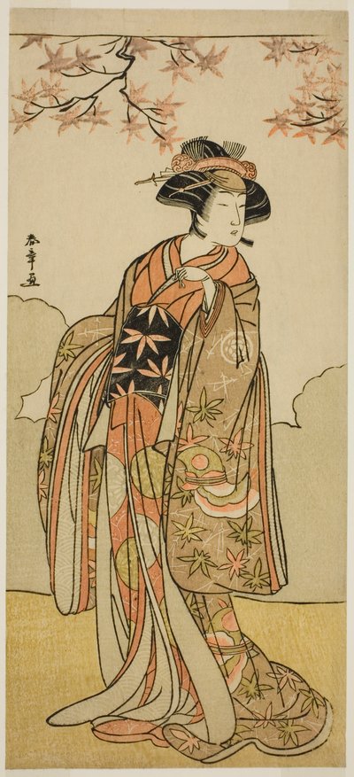 De acteur Osagawa Tsuneyo II als Onoe no Mae in het stuk Date Nishiki Tsui no Yumitori, uitgevoerd in het Morita Theater in de elfde maand, 1778 door Katsukawa Shunsho