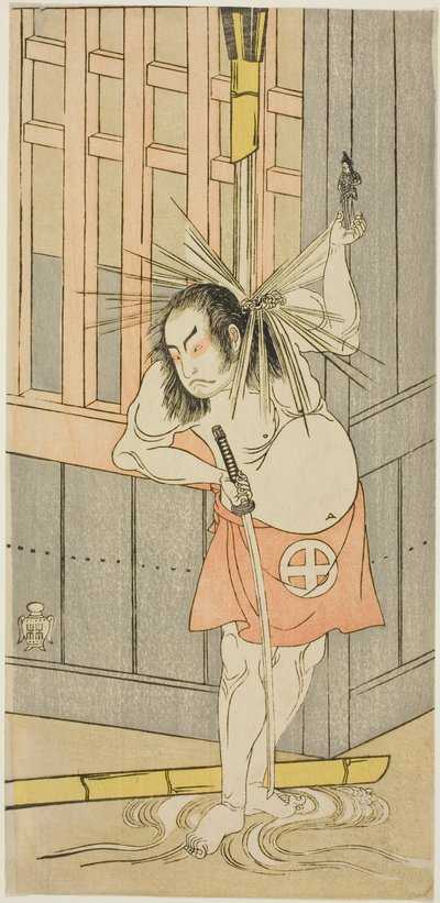 De acteur Otani Hiroji III, mogelijk als Akaneya Hanshichi in het stuk Fuji no Yuki Kaikei Soga (Sneeuw op de berg Fuji: De Soga Vendetta), uitgevoerd in het Ichimura Theater vanaf de vijftiende dag van de eerste maand, 1770 door Katsukawa Shunsho
