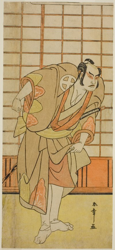 De acteur Otani Hiroji III als Hata no Daizen Taketora vermomd als Shikishima Wakahei in het toneelstuk Juni-hitoe Komachi-zakura, opgevoerd in het Kiri Theater in de Elfde Maand, 1784 door Katsukawa Shunsho