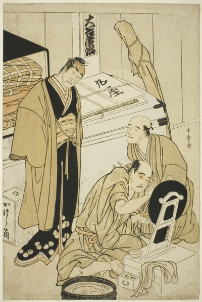 De acteur Otani Hiroji III in zijn kleedkamer geholpen door Otani Tokuji I (?) en geobserveerd door Nakamura Nakazo I (?) door Katsukawa Shunsho