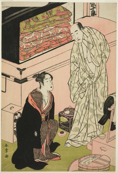 De acteur Sawamura Sojuro III (rechts), in zijn kleedkamer in gesprek met de acteur Segawa Kikunojo III (links) door Katsukawa Shunsho