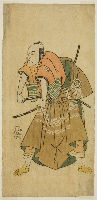 De acteur Sawamura Sojuro II als Omi no Kotoda (?) in het stuk Shuen Soga Omugaeshi (?), opgevoerd in het Ichimura Theater (?) in de tweede maand, 1768 (?) door Katsukawa Shunsho