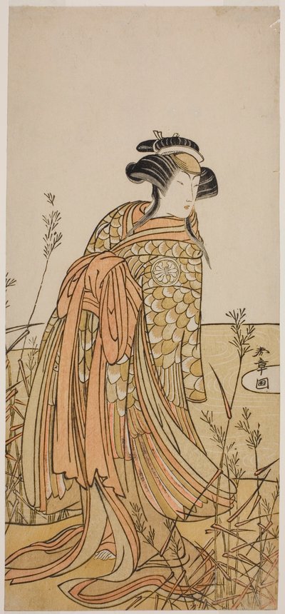 De acteur Segawa Kikunojo III als geest van een mandarijneend (Oshidori) vermomd als Tagasode, in het stuk Hana-zumo Genji Hiiki, uitgevoerd in het Nakamura Theater in de elfde maand, 1775 door Katsukawa Shunsho