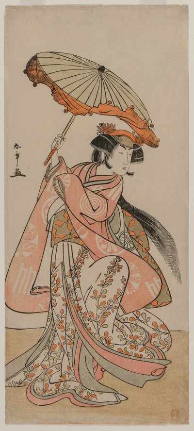 De acteur Segawa Kikunojo II dansend met een parasol door Katsukawa Shunsho