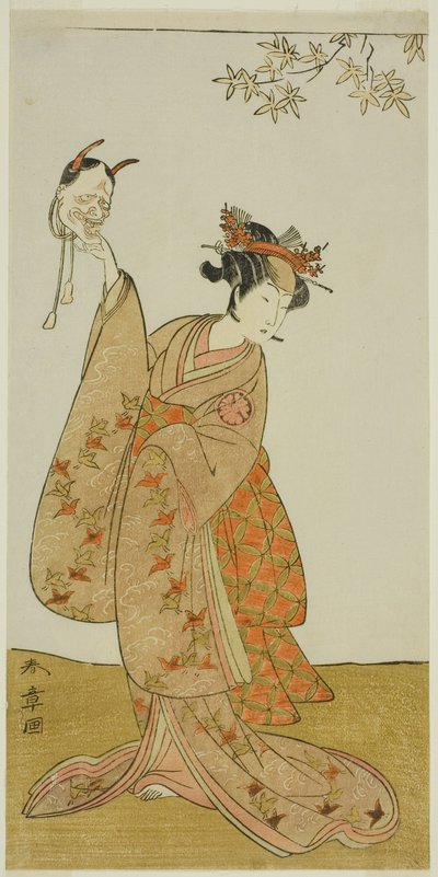 De acteur Segawa Yujiro I als Matsukaze, zus van Togashi no Saemon, in het stuk Gohiiki Kanjincho (Uw favoriete stuk Kanjincho [De abonneelijst]), uitgevoerd in het Nakamura Theater vanaf de eerste dag van de elfde maand, 1773 door Katsukawa Shunsho