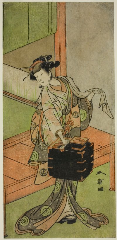 De acteur Yamashita Kinsaku II als Miyagino vermomd als kapper in het stuk Kosode-gura no Tekubari, uitgevoerd in het Morita Theater in de tweede maand, 1772 (?) door Katsukawa Shunsho