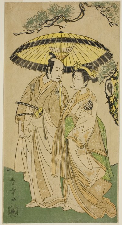 De Acteurs Arashi Hinaji I (rechts), en Ichikawa Komazo II (links), als Prinses Sakura (Sakura Hime) (?) en Shimizu Tonoinosuke (?), in het stuk Soga Moyo Aigo no Wakamatsu (?), uitgevoerd in het Nakamura Theater (?) in de derde maand, 1769 (?) door Katsukawa Shunsho