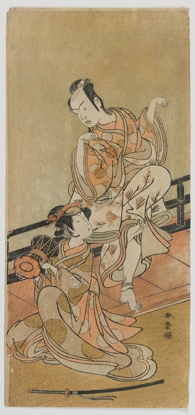 De acteurs Arashi Sangoro II als Tadanobu en Segawa Kikunojo III als Shizuka Gozen in het stuk Yoshitsune en de Duizend Kersenbomen, Edo-periode door Katsukawa Shunsho