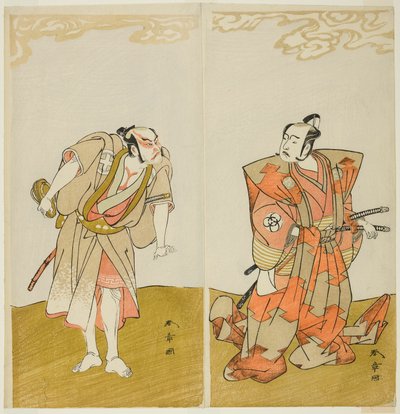 De acteurs Bando Mitsugoro I als Hata no Kawakatsu (rechts), en Otani Hiroemon III als de bediende (Yakko) Gansuke (links), in het stuk Miya-bashira Iwao no Butai (Heiligdompilaren op een stenen basis), uitgevoerd in het Morita Theater vanaf de vijftiende  door Katsukawa Shunsho