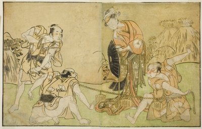 De acteurs Bando Zenji I als Nagahashi Saburo, Iwai Hanshiro IV als Otatsu-gitsune, Nakamura Konozo als Hagai Ujitsune, en een niet-geïdentificeerde acteur (van rechts naar links), in het stuk Nue no Mori Ichiyo no Mato, uitgevoerd in het Nakamura Theater  door Katsukawa Shunsho