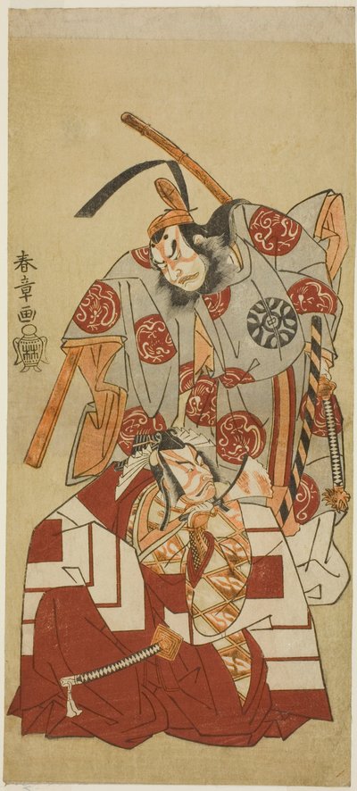 De acteurs Ichikawa Danjuro V als Watanabe Kiou Takiguchi (onder), en Nakamura Nakazo I als Taira no Kiyomori (boven), in de "Shibaraku" scène uit het stuk Nue no Mori Ichiyo no Mato (Bos van het Nue Monster: Doel van de Elfde Maand), uitgevoerd in t door Katsukawa Shunsho