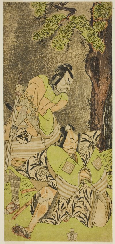De acteurs Ichikawa Danzo III als I no Hayata Tadazumi (rechts), en Matsumoto Koshiro II als Osada no Taro Kagemune (links), in het stuk Nue no Mori Ichiyo no Mato, uitgevoerd in het Nakamura Theater in de elfde maand, 1770 door Katsukawa Shunsho