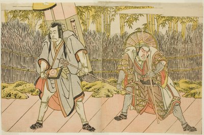 De acteurs Ichikawa Danzo IV als Arakawa Taro Takesada vermomd als de draagstoeldrager Tarobei (rechts), en Ichikawa Danjuro V als Abe no Sadato vermomd als de pelgrim Kuriyagawa Jirodayu (links), in het toneelstuk Godai Genji Mitsugi no Furisode, uitgevoe door Katsukawa Shunsho