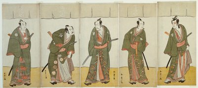 De acteurs Ichikawa Monnosuke II als Karigane Bunshichi, Bando Mitsugoro I als An no Heibei, Ichikawa Danjuro V als Gokuin Sen