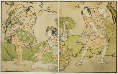 De Acteurs Ichikawa Somegoro (rechts), Segawa Kikunojo II (midden), en Bando Sampachi (links), in Onbekende Rollen in het Toneelstuk Myoto-giku Izu no Kisewata, Opgevoerd in het Ichimura Theater in de Elfde Maand, 1770 door Katsukawa Shunsho