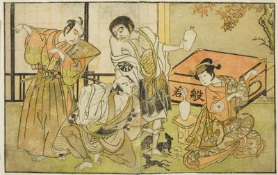 De Acteurs Iwai Hanshiro IV als Otatsu-gitsune, Nakamura Nakazo I als Raigo Ajari, Sakata Tojuro III als Kamada Gon-no-kami Masayori, en Ichikawa Yaozo II als Sakon-gitsune (van rechts naar links), in het stuk "Nue no Mori Ichiyo no Mato," opgevoerd in het door Katsukawa Shunsho