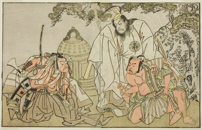 De Acteurs Nakajima Mihoemon II als Aramaki Mimishiro (rechts), Matsumoto Koshiro II als Otomo no Yamanushi (midden), en Ichikawa Danzo III als Hannya no Goro (links), in het Toneelstuk Kuni no Hana Ono no Itsumoji, Opgevoerd in het Nakamura Theater in de  door Katsukawa Shunsho