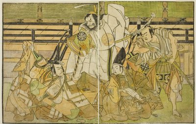 De acteurs Nakamura Denkuro II als Seno-o Taro, Ichikawa Komazo II als Yorimasa, Nakamura Nakazo I als Taira no Kiyomori, en Ichikawa Danjuro V als Kiou Takiguchi (van rechts naar links), in het stuk Nue no Mori Ichiyo no Mato, uitgevoerd in het Nakamura T door Katsukawa Shunsho