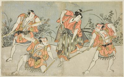 De acteurs Nakamura Kashiwagi als een Wakashu (tweede van rechts), en drie niet-geïdentificeerde acteurs als Yakko door Katsukawa Shunsho