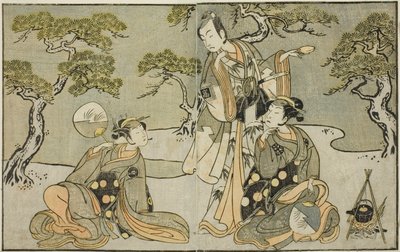 De acteurs Nakamura Nakazo I als Matsukaze (rechts), Ichikawa Komazo II als Ariwara no Yukihira (midden), en Iwai Hanshiro IV als Murasame (links), in het stuk Kuni no Hana Ono no Itsumoji, opgevoerd in het Nakamura Theater in de elfde maand, 1771 door Katsukawa Shunsho