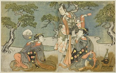 De acteurs Nakamura Nakazo I als Matsukaze (rechts), Ichikawa Komazo II als Ariwara no Yukihira (midden), en Iwai Hanshiro IV als Murasame (links), in het stuk Kuni no Hana Ono no Itsumoji, uitgevoerd in het Nakamura Theater in de elfde maand, 1771 door Katsukawa Shunsho