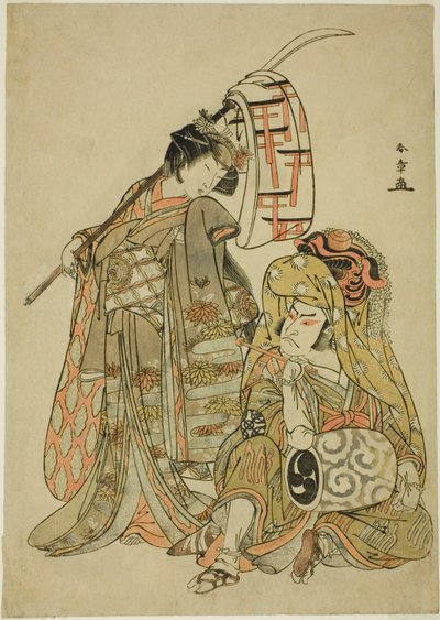 De acteurs Nakamura Nakazo I als Onmaya Kisanda verkleed als Kakubei de leeuwendanser (rechts) en Segawa Kikunojo III als Shizuka Gozen (links), in de danssequentie "Myoto-zake Kawaranu Nakanaka" (Eeuwige harmonie van de huwelijksbeker) door Katsukawa Shunsho