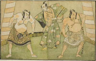 De Acteurs Nakamura Sukegoro II als Matano no Goro (rechts), Onoe Kikugoro I als Soga no Taro (midden), en Otani Hiroji III als Kawazu no Saburo (links), in het Stuk Myoto-giku Izu no Kisewata, Uitgevoerd in het Ichimura Theater in de Elfde Maand, 1770 door Katsukawa Shunsho
