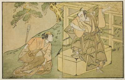 De Acteurs Onoe Matsusuke I als Akaboshi Taro (rechts), en Azuma Tozo II als Shirotae (links), in het Toneelstuk Kono Hana Yotsugi no Hachi no Ki, Opgevoerd in het Ichimura Theater in de Elfde Maand, 1771 door Katsukawa Shunsho