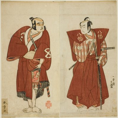 De acteurs Onoe Matsusuke I als Yawata no Saburo (rechts), en Otani Tomoemon I als de Yakko Emohei (links), in het stuk Myoto-giku Izu no Kisewata, uitgevoerd in het Ichimura Theater in de elfde maand, 1770 door Katsukawa Shunsho