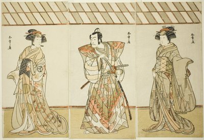 De acteurs Onoe Tamizo I als Nishikigi (?) of Otae (?), Ichikawa Danjuro V als Miura Heidayu Kunitae (?) en Osagawa Tsuneyo II als Oyuki (?), in het stuk Date Nishiki Tsui no Yumitori (?), uitgevoerd in het Morita Theater (?) door Katsukawa Shunsho
