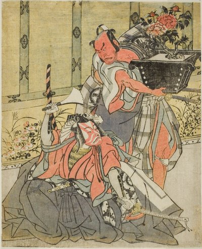 De acteurs Otani Hiroemon III als Shinagawa Okaminosuke (rechts), en Ichikawa Danjuro V als Arashishi Otokonosuke (links), in het stuk Fuki Kaete Tsuki mo Yoshiwara door Katsukawa Shunsho