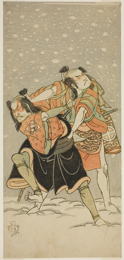 De Acteurs Otani Hiroji III als Kameo (rechts), en Sakata Sajuro I als Ario (links), in het stuk Hime Komatsu Ne no Hi Asobi, uitgevoerd in het Ichimura Theater in de negende maand, 1768 door Katsukawa Shunsho