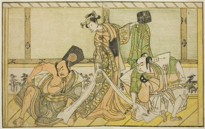 De Acteurs Otani Hiroji III als Kawazu no Saburo (rechts), Segawa Kikunojo II als Prinses Tatsu (Tatsu Hime) (midden), en Nakamura Sukegoro II als Matano no Goro (links), in het Toneelstuk Myoto-giku Izu no Kisewata, Uitgevoerd in het Ichimura Theater in d door Katsukawa Shunsho