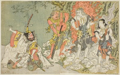 De acteurs Sawamura Kijuro I als Ikazuchi Shinno, Prins van Donder (ver links), Ichikawa Danjuro V als de Boeddhistische godheid Fudo (tweede van links), Nakamura Sukegoro II als Seitaka Doji (tweede van rechts), en Bando Mitsugoro I als Kongara Doji (ver  door Katsukawa Shunsho
