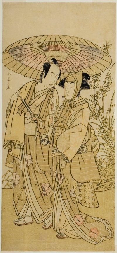 De Acteurs Segawa Kikunojo III (rechts) als Ochiyo, en Bando Mitsugoro I (links) als de Groenteboer Hambei, in het Toneelstuk Kabuki no Hana Bandai Soga, Opgevoerd in het Ichimura Theater in de Vierde Maand, 1781 door Katsukawa Shunsho