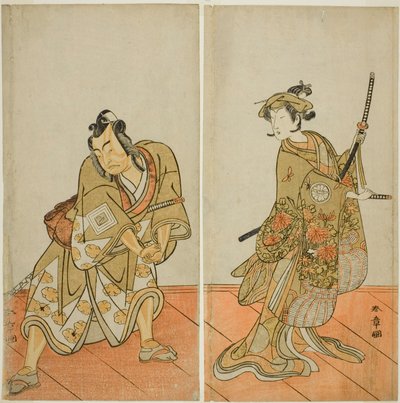 De acteurs Segawa Kikunojo III als Aigo no Waka (rechts), en Ichikawa Yaozo II als Hachio-maru Aratora (links), in het stuk Chigo Sakura Jusan Kane, uitgevoerd in het Ichimura Theater in de elfde maand, 1774 door Katsukawa Shunsho