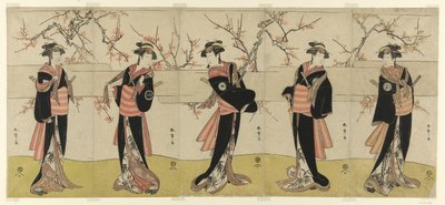De acteurs Segawa Kikunojo III als Karigane Obun, Nakayama Tomisaburo I als An no Oyasu, Iwai Kiyotaro II als Kaminari no Osha, Nakayama Tatezo I als Gokuin no Osen, en Ichikawa Monnosuke II als Hotei no Oichi (van rechts naar links), in "Gonin Onna," scèn door Katsukawa Shunsho