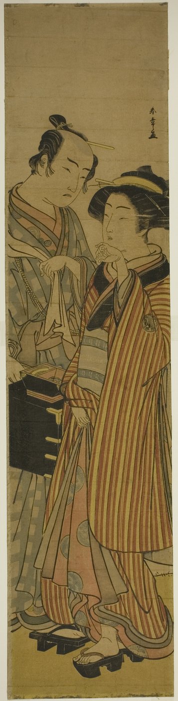 De acteurs Segawa Kikunojo III als Okoma (rechts), en Arashi Sangoro III als de kapper Obana Saizaburo (links), in het stuk Koi Musume Mukashi Hachijo, uitgevoerd in het Nakamura Theater in de derde maand, 1776 door Katsukawa Shunsho