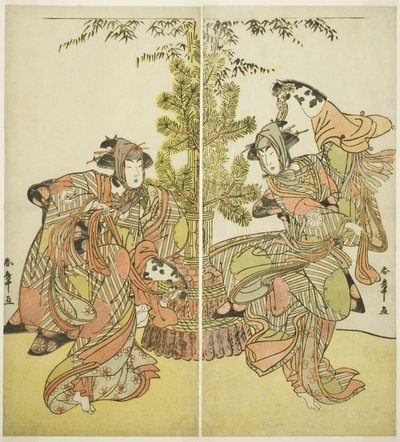 De Acteurs Segawa Kikunojo III als Yasukata (rechts), en Iwai Hanshiro IV als Utou (links) in het Toneelstuk Godai Genji Mitsugi no Furisode, Opgevoerd in het Nakamura Theater in de Elfde Maand, 1782 door Katsukawa Shunsho
