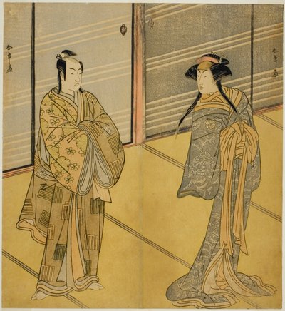De Acteurs Segawa Kikunojo III als de Geest van Joro-gumo (Hoer Spin) Vermomd als de Maiko Tsumagiku (rechts), en Ichikawa Monnosuke II als Urabe no Suetake (links), in het Toneelstuk Shitenno Tonoi no Kisewata, Opgevoerd in het Nakamura Theater in de Elfd door Katsukawa Shunsho