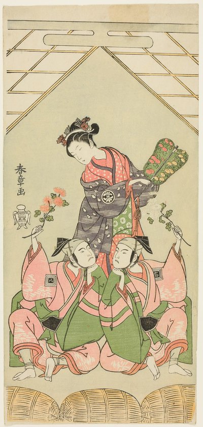 De acteurs Segawa Kikunojo II als de voedster Reizei, Ichikawa Komazo I als Suruga no Hachiro vermomd als shamisen-speler Kichiroku (rechts), en Ichikawa Yaozo II als Tada no Kurando vermomd als draagstoel-drager Kichinai (links), in de scène door Katsukawa Shunsho