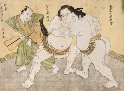 Het Worstelen tussen Kimenzan Tanigoro en Edogasaki Gemji door Katsukawa Shunsho