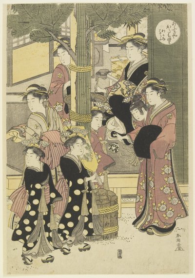 Drie Courtisanes van het Ōgiya Huis en hun Bedienden door Katsukawa Shunsho