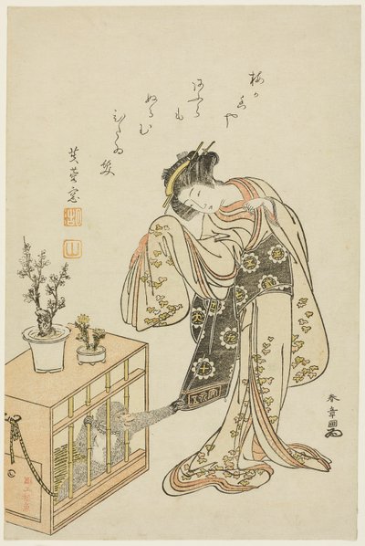 Jonge Vrouw met een Aap in een Kooi (Kalenderafbeelding voor Nieuwjaar 1776) door Katsukawa Shunsho