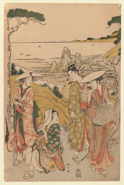 Een gezelschap pelgrims uit Yedo buiten een theehuis op de heuvels achter het strand van Futami bewondert het uitzicht, 1795 door Katsukawa Shunzan
