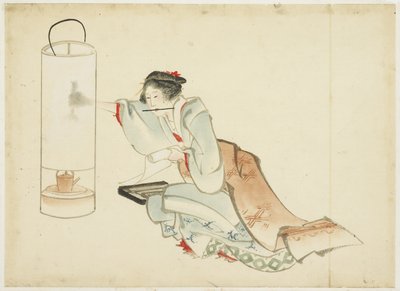 Dame die een Lamp Aanpast door Katsushika (school of) Hokusai